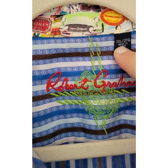 Robert Graham Flip Cuff Hotel Chatham Blue Stripe Button Up Size 2XL - Picture 3 of 7